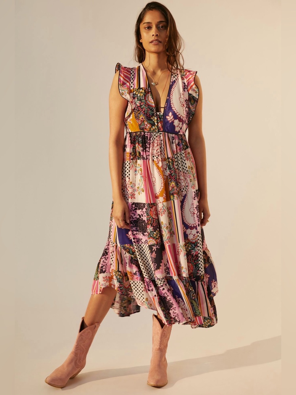 Anthropologie Pink and Purple Ruffled Patchwork Midi Dress size 8